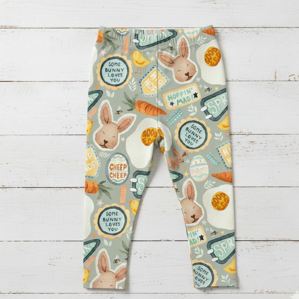 baby and children's sage green
 leggings with Easter-themed design featuring bunnies, eggs, and carrots on a wooden surface.