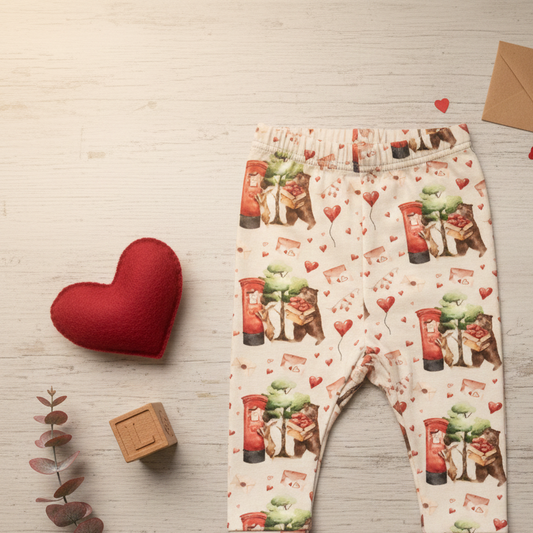 Baby leggings with heart and envelope pattern on a wooden surface with decorative items.