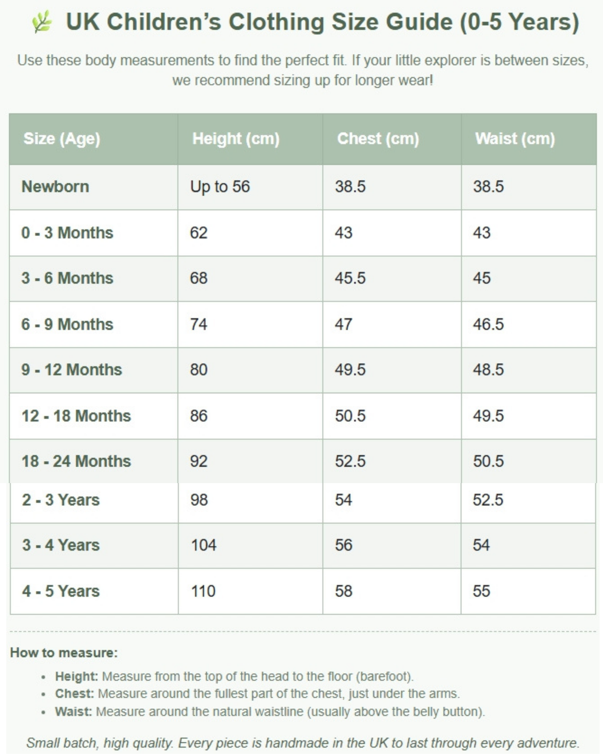 UK Children's Clothing Size Guide for ages 0-5 years with measurements in cm.